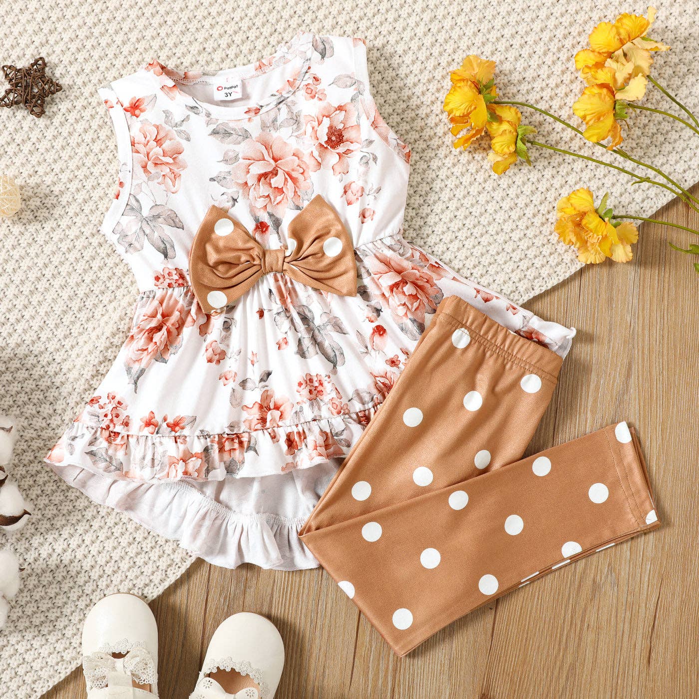🌸 Toddler Girl Floral Ruffle Top & Polka Dot Leggings Set