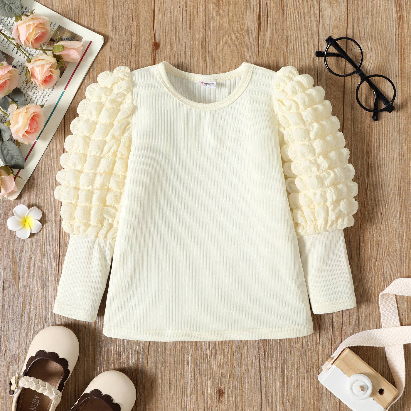 Girl Textured Ribbed Long Puff-sleeve Solid Color Tee