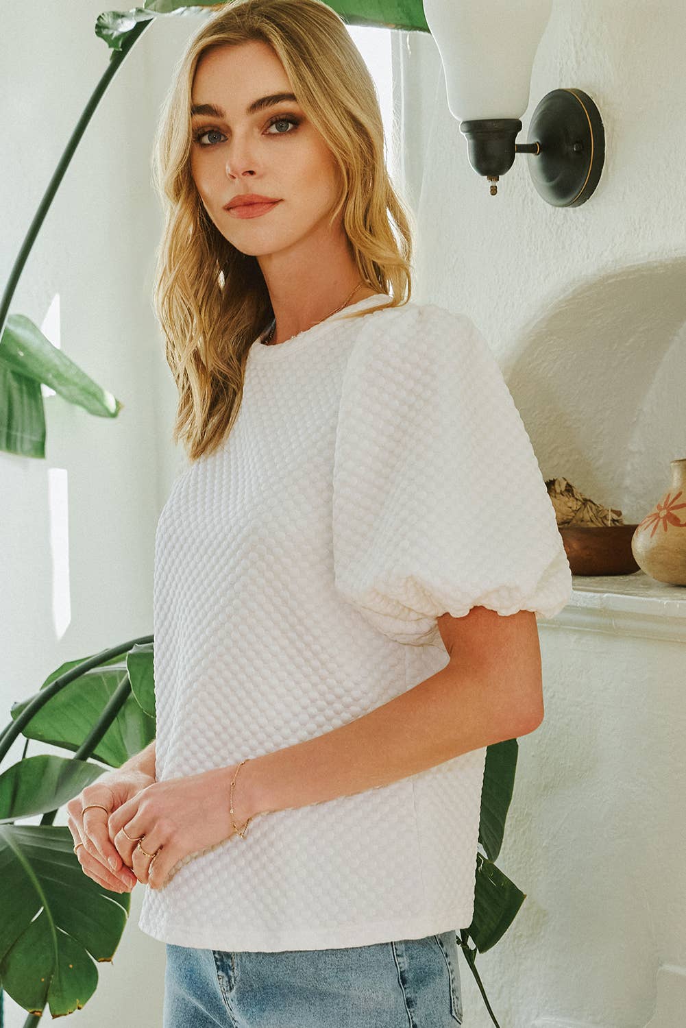 Fashion-W Textured O Neck Puff Sleeve Blouse