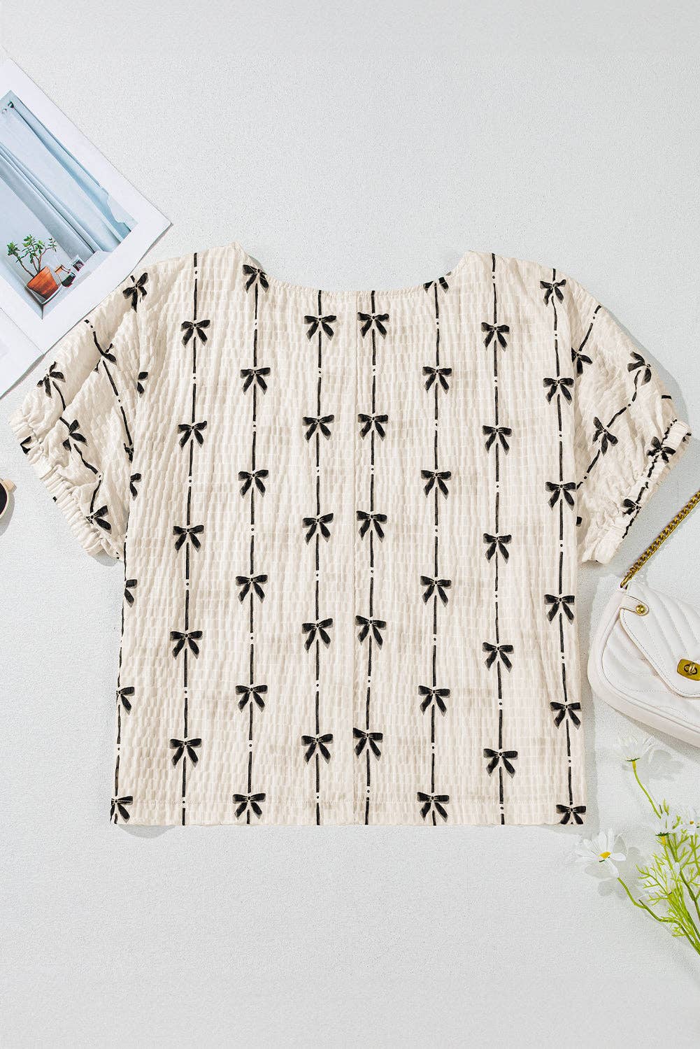 Bow Textured Puff Sleeve Top