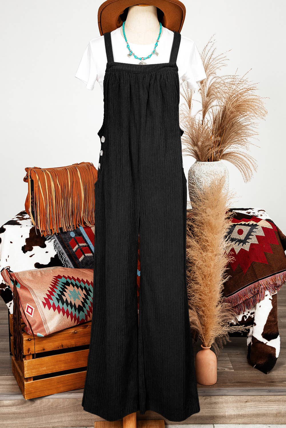Fashion-W Fall Solid Pocketed Loose Fit Corduroy Overall