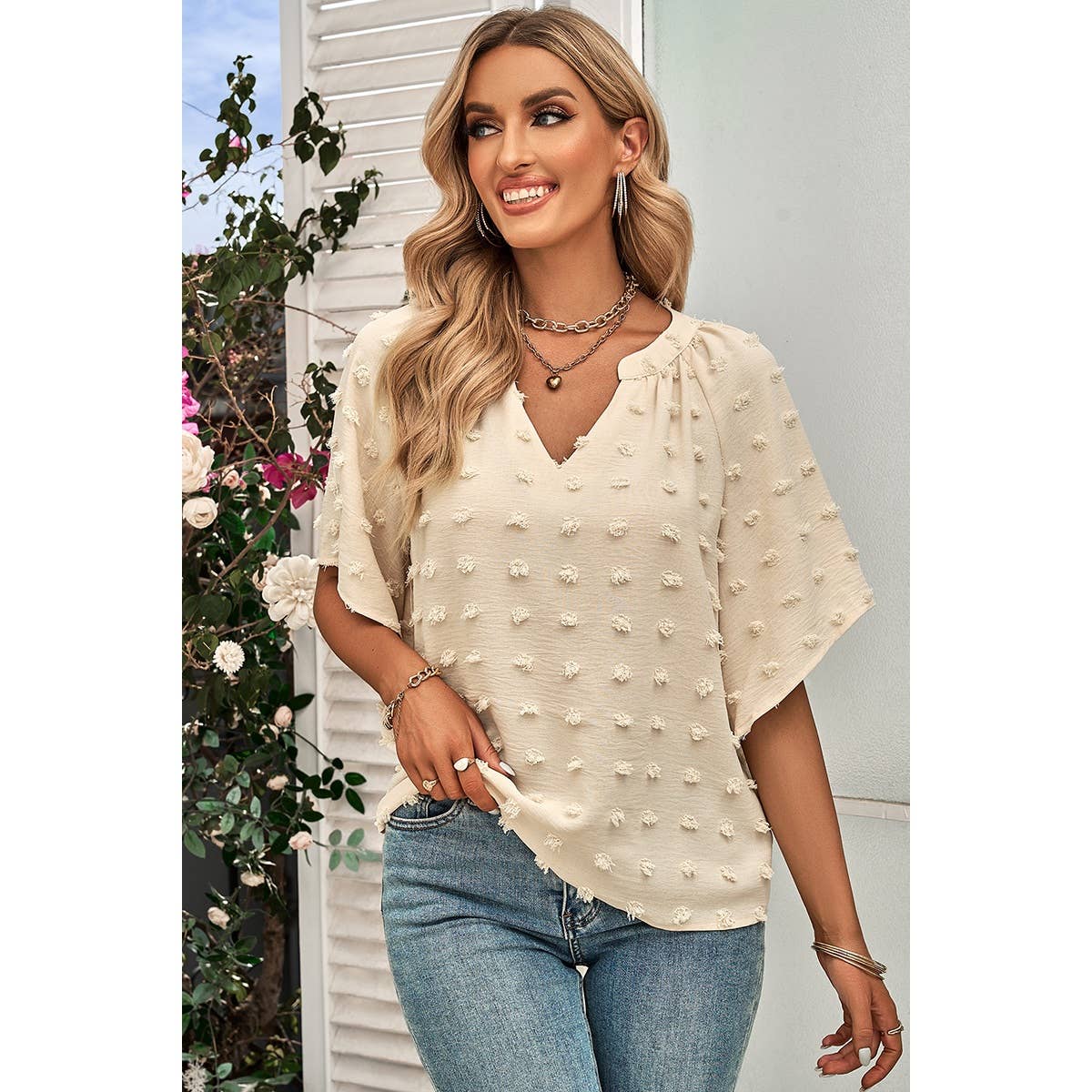 Solid Polk Dot V Neck Loose Fit Top