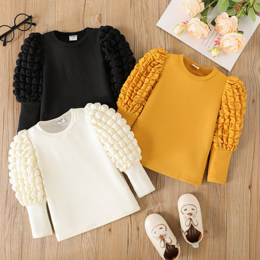 Girl Textured Ribbed Long Puff-sleeve Solid Color Tee