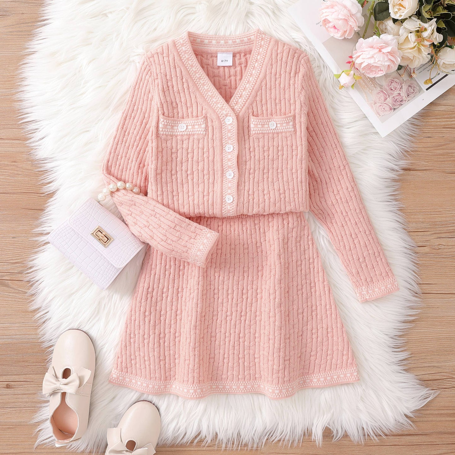 2PCS Kid Girl Sweet Textured Sweater and Skirt Set