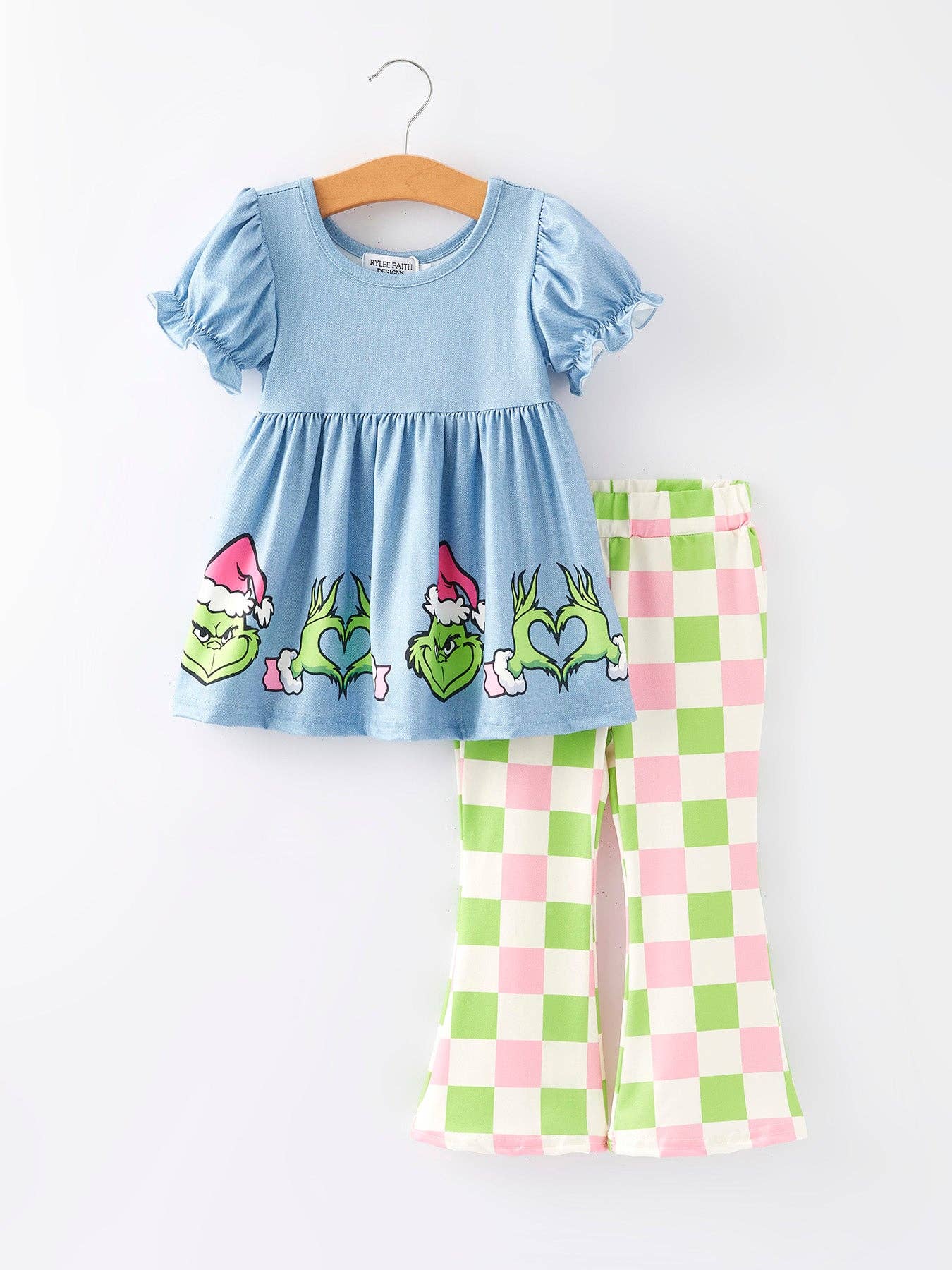 Girls Cartoon Print Checkerboard Pants Outfit Set