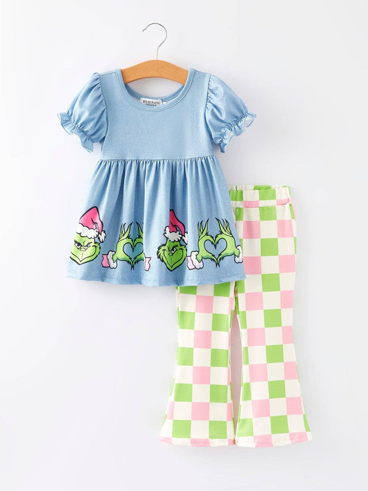 Girls Cartoon Print Checkerboard Pants Outfit Set