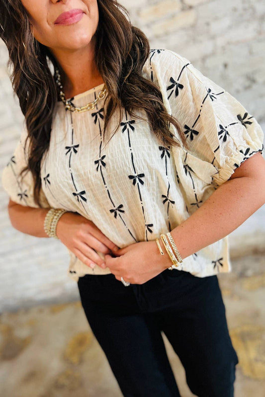 Bow Textured Puff Sleeve Top