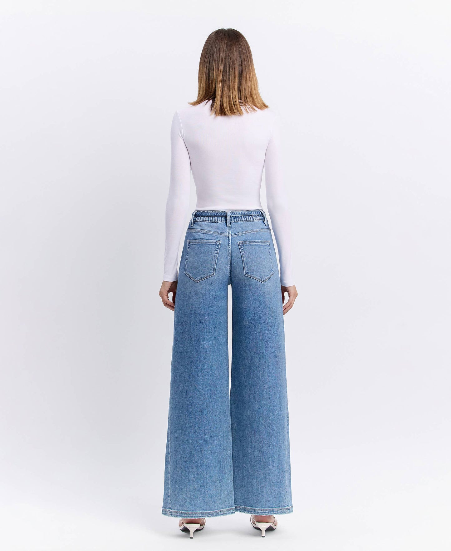 HIGH RISE ELASTIC TIE WAISTBAND BAGGY WIDE JEANS F5955