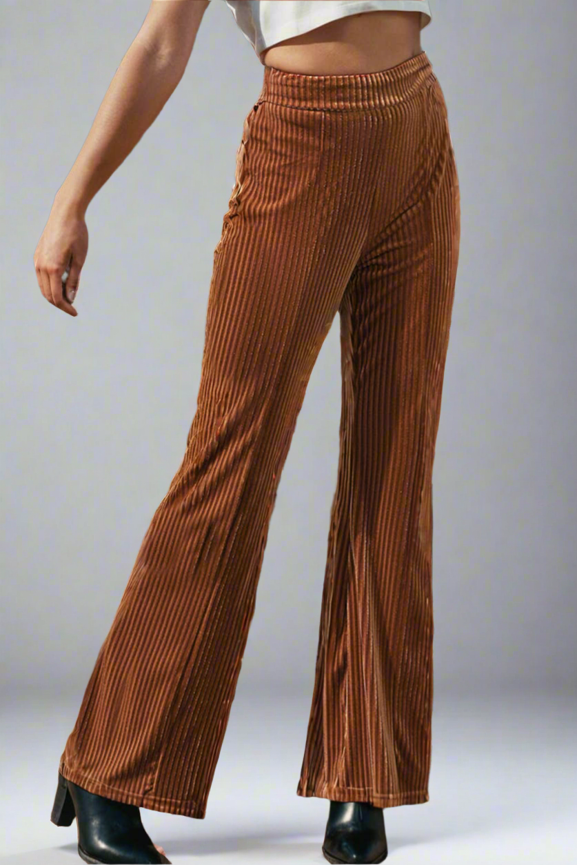 Fashion-W Solid Color High Waist Flare Corduroy Pants