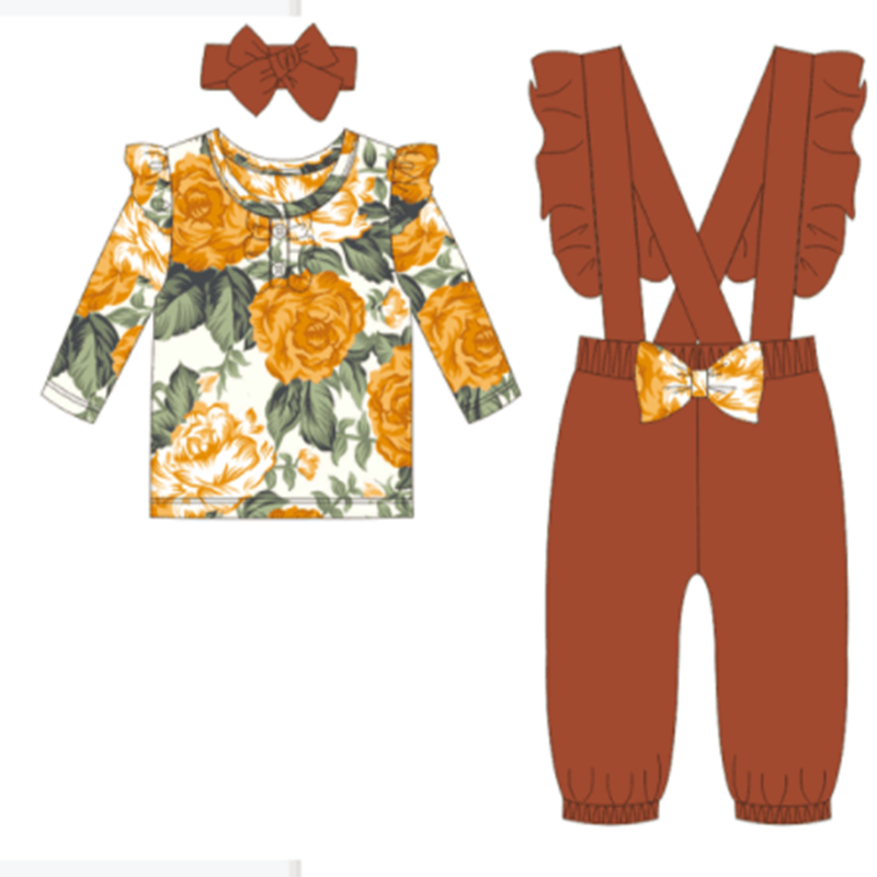 3-Piece Toddler Girl Floral Fall themed Overalls & Headband Outfit