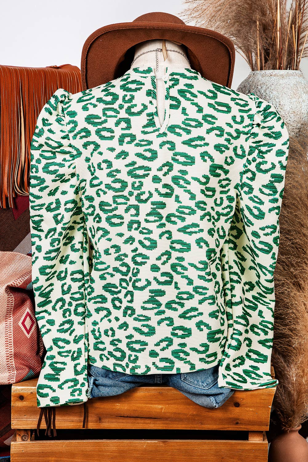 Fashion-W Leopard Print Mock Neck Puff Sleeve Top