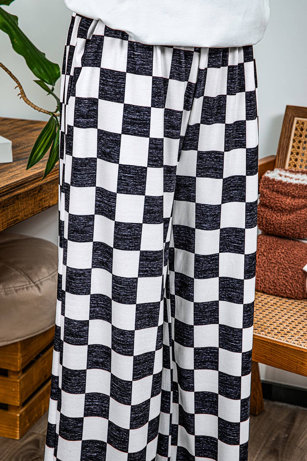 Fashion-W 2-Tone Checked Print High Waist Wide Leg Pants