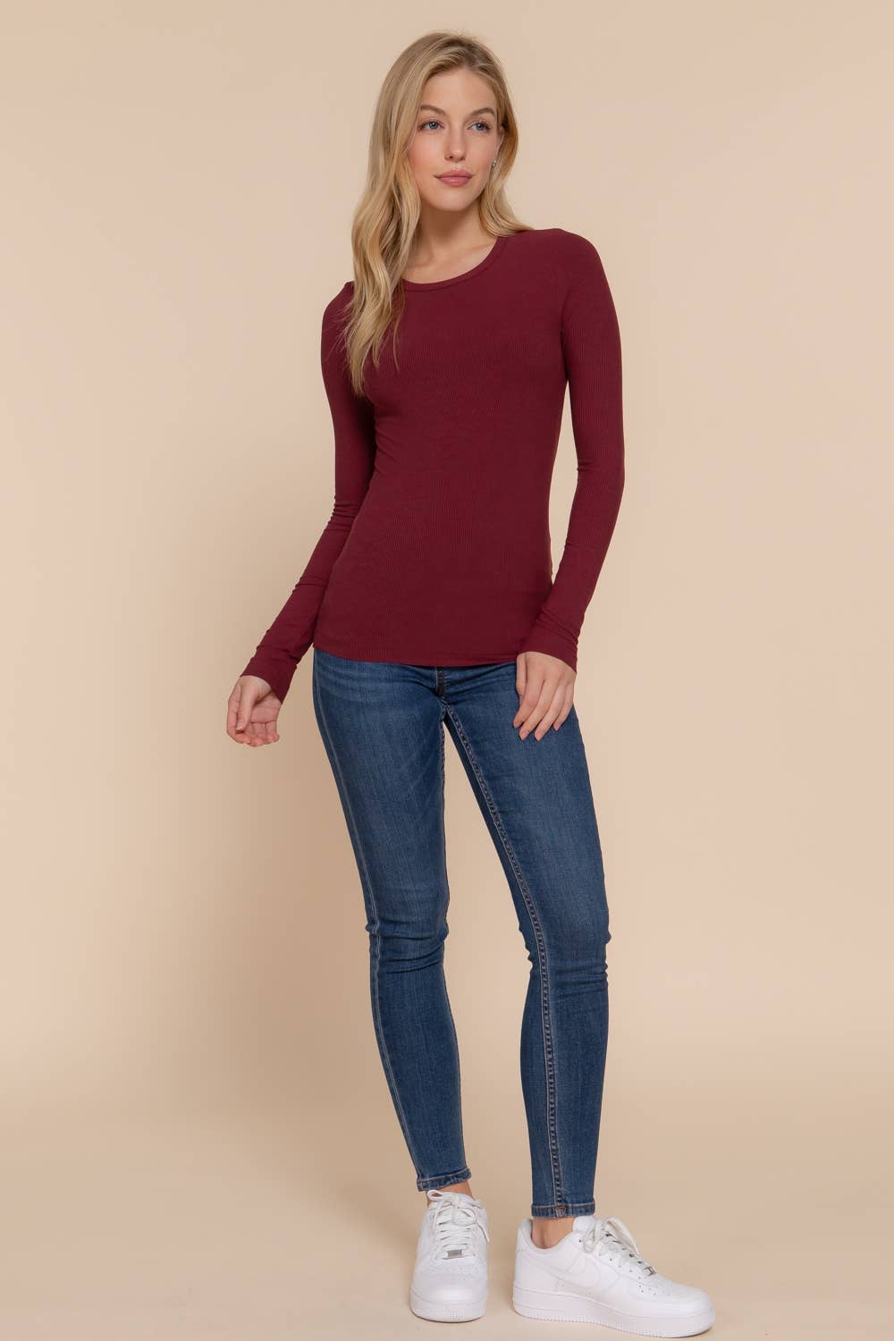 Long Sleeve Crew Neck Rayon Rib Knit Top