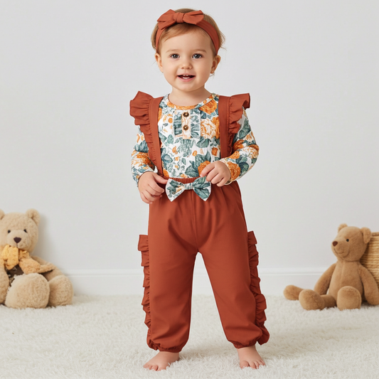 3-Piece Toddler Girl Floral Fall themed Overalls & Headband Outfit