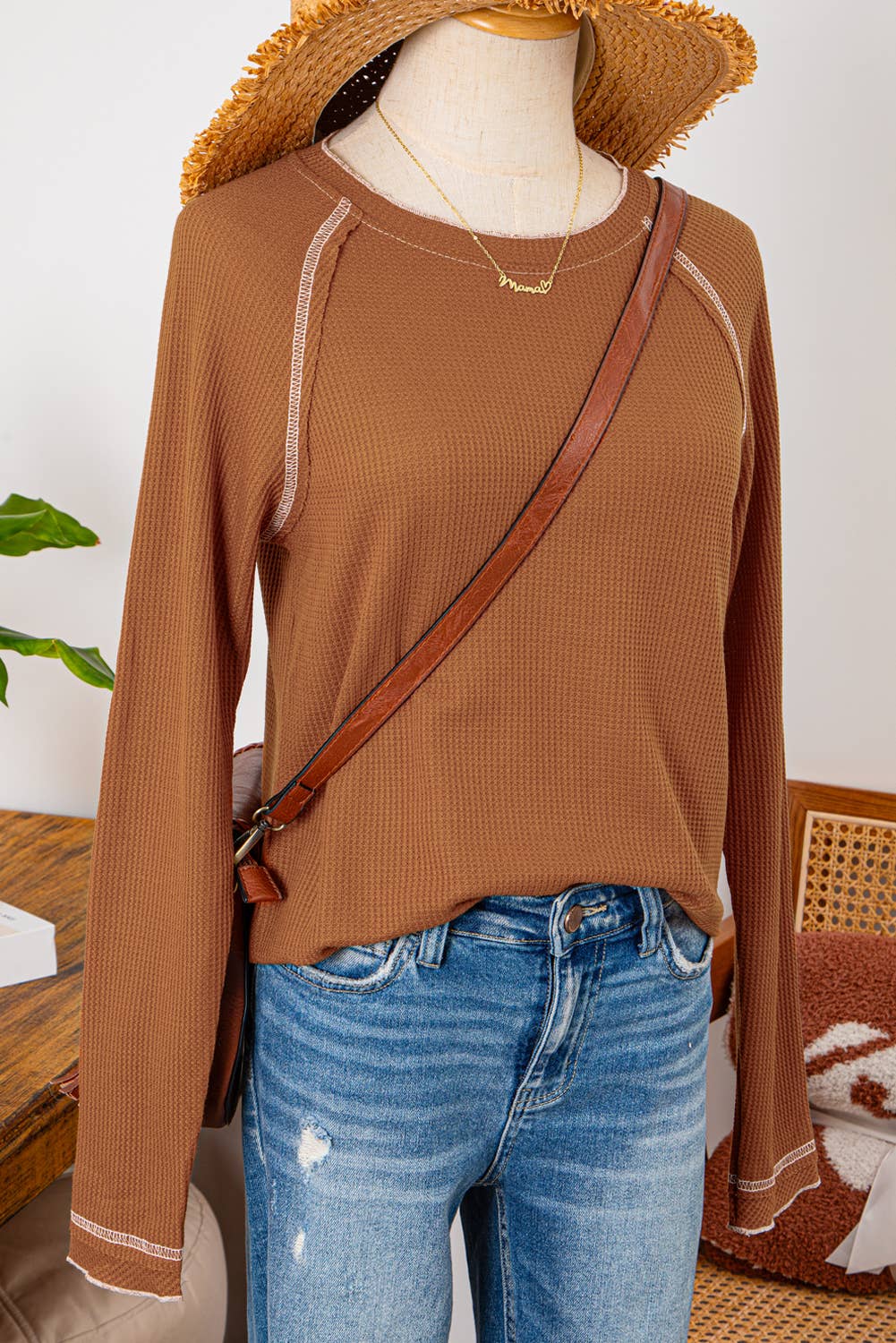 Fall Clothing Textured Round Neck Long Sleeve Top Blouse