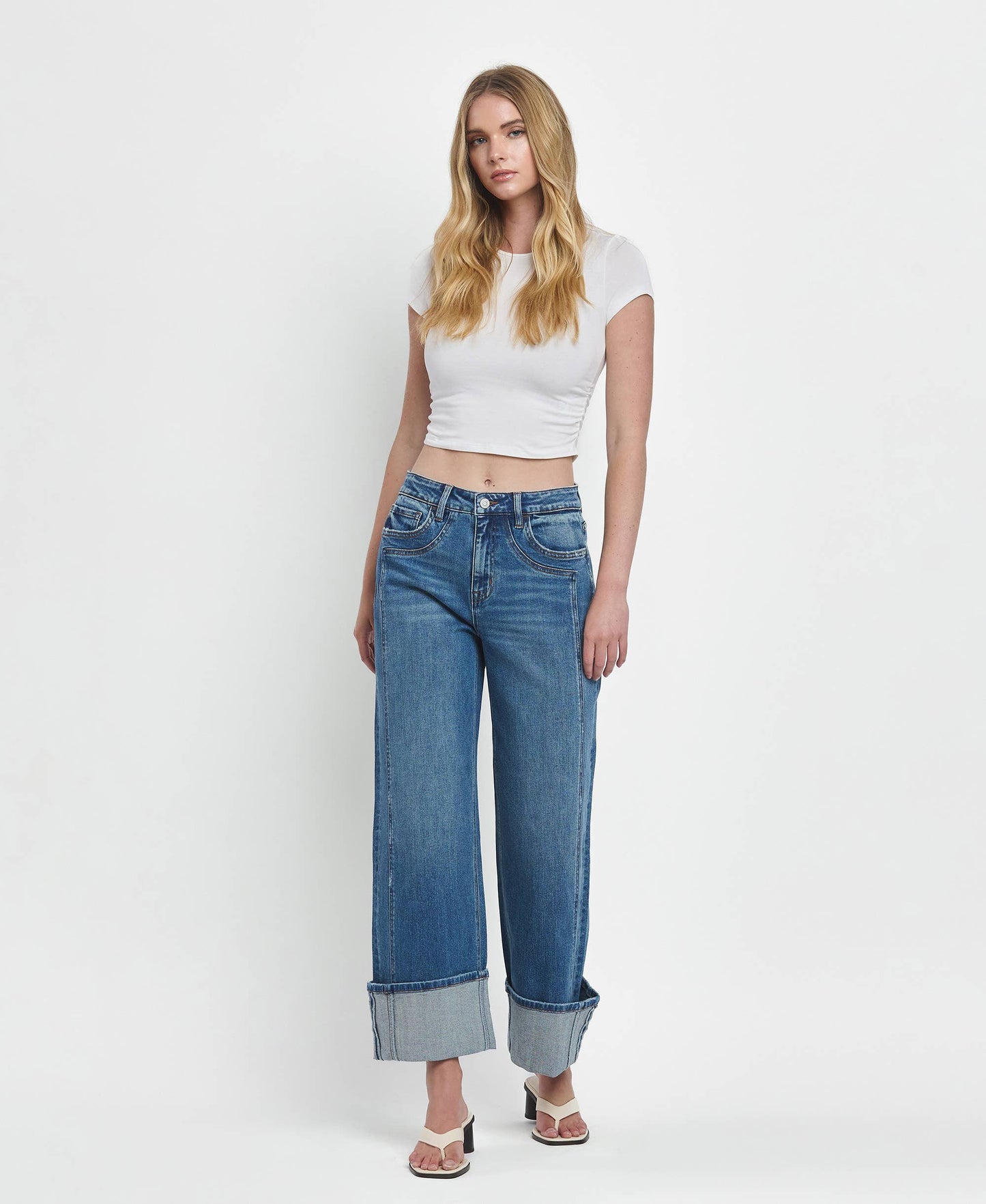 SUPER HIGH RISE CUFFED BAGGY WIDE JEANS F5856