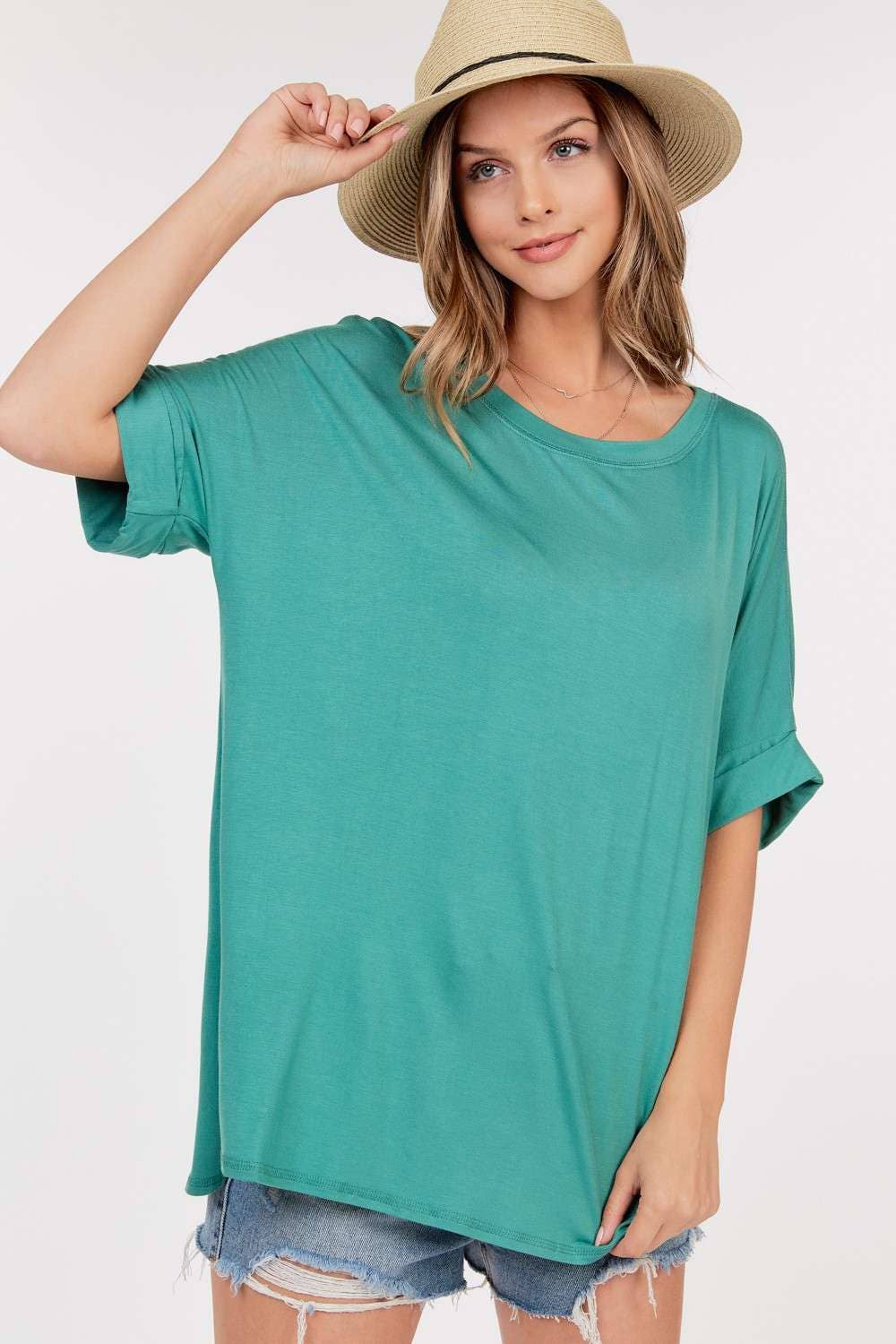 Rolled Short Sleeve Round Neck Top