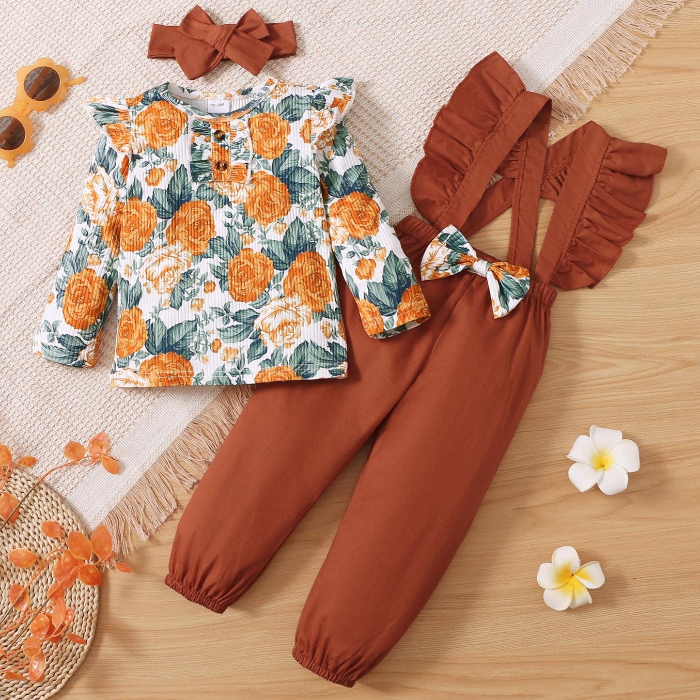 3-Piece Toddler Girl Floral Fall themed Overalls & Headband Outfit