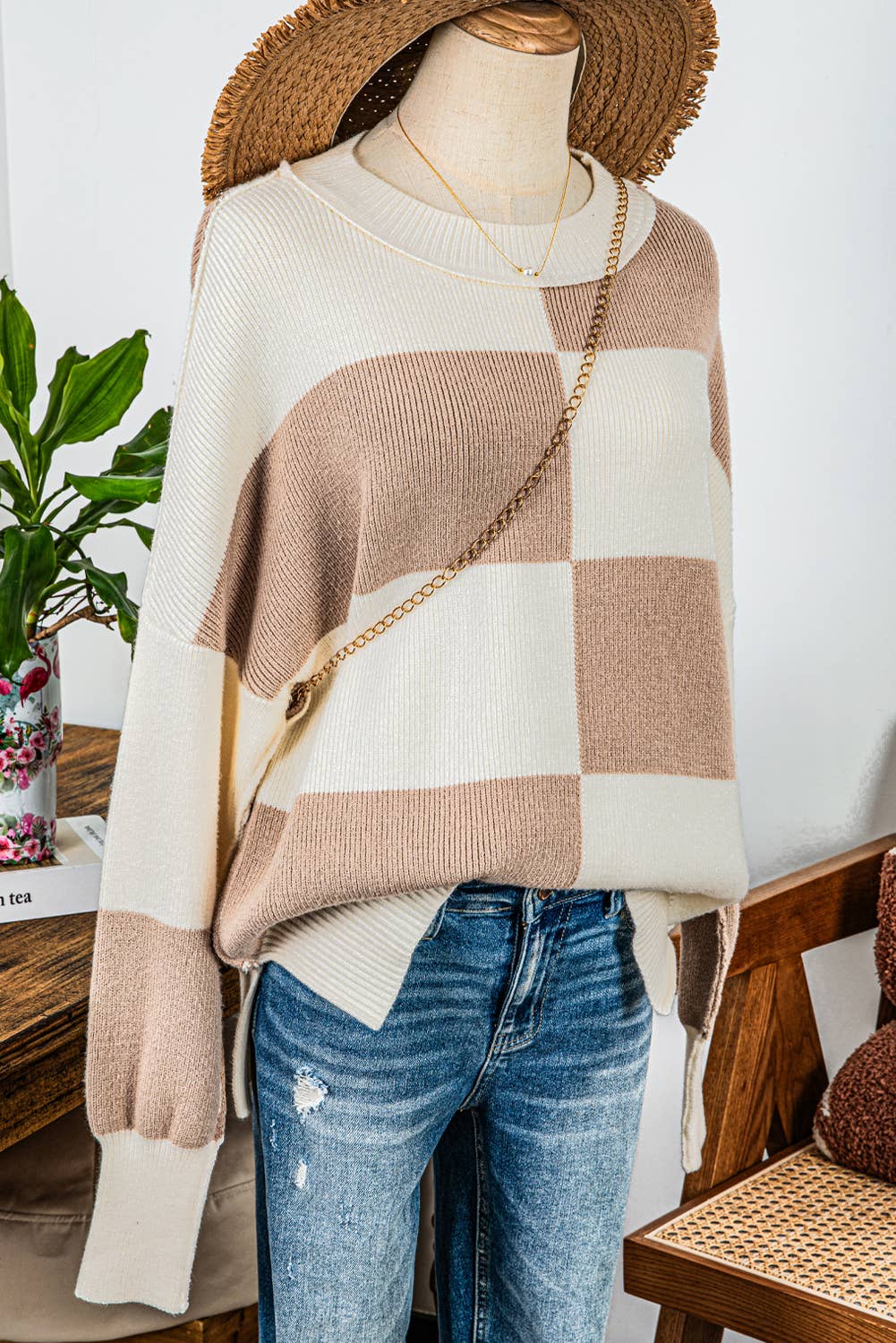 Fashion Checkered Side Slits Drop Shoulder Oversized Sweater