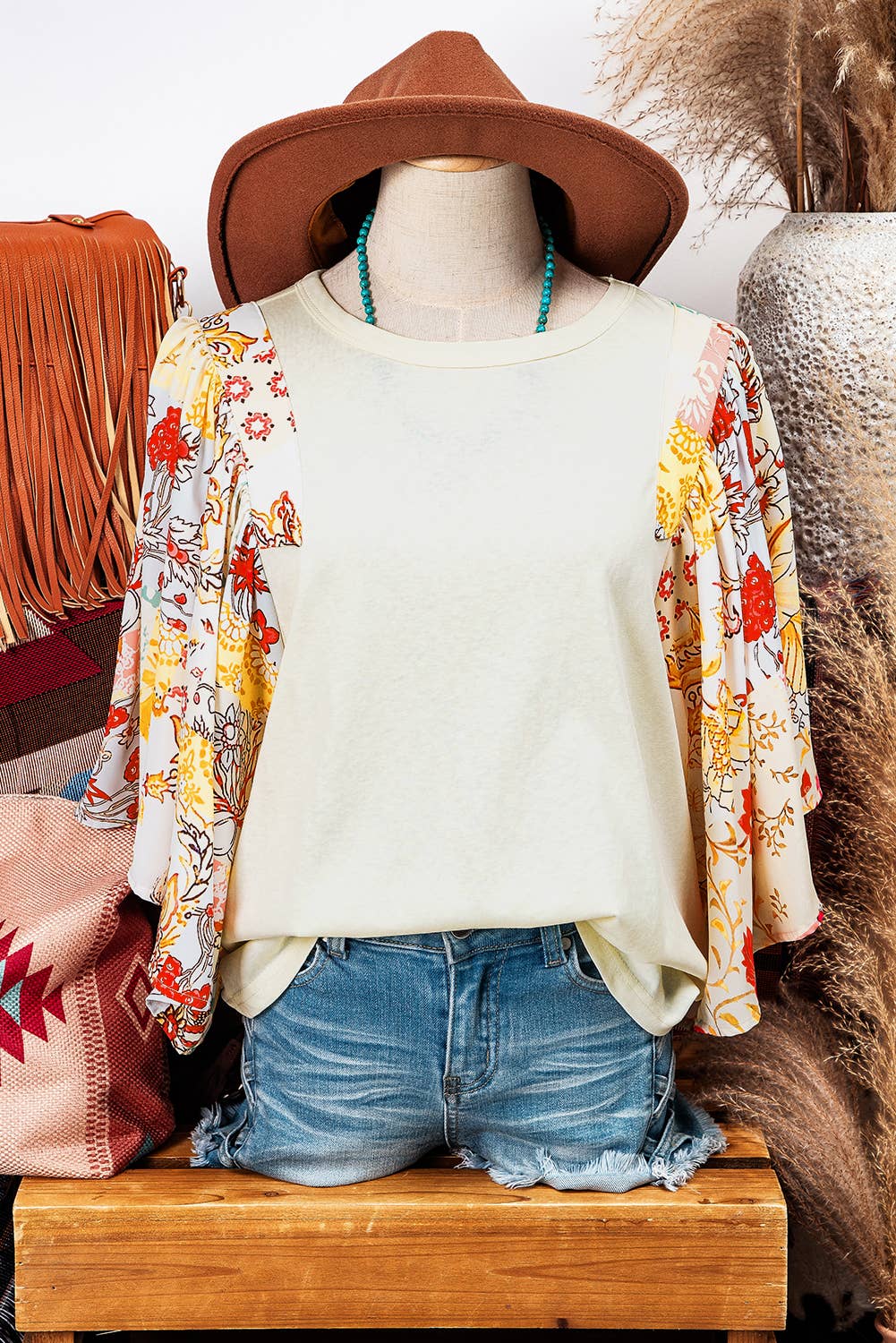 Fashion-W Floral Patchwork Half Batwing Sleeve Blouse
