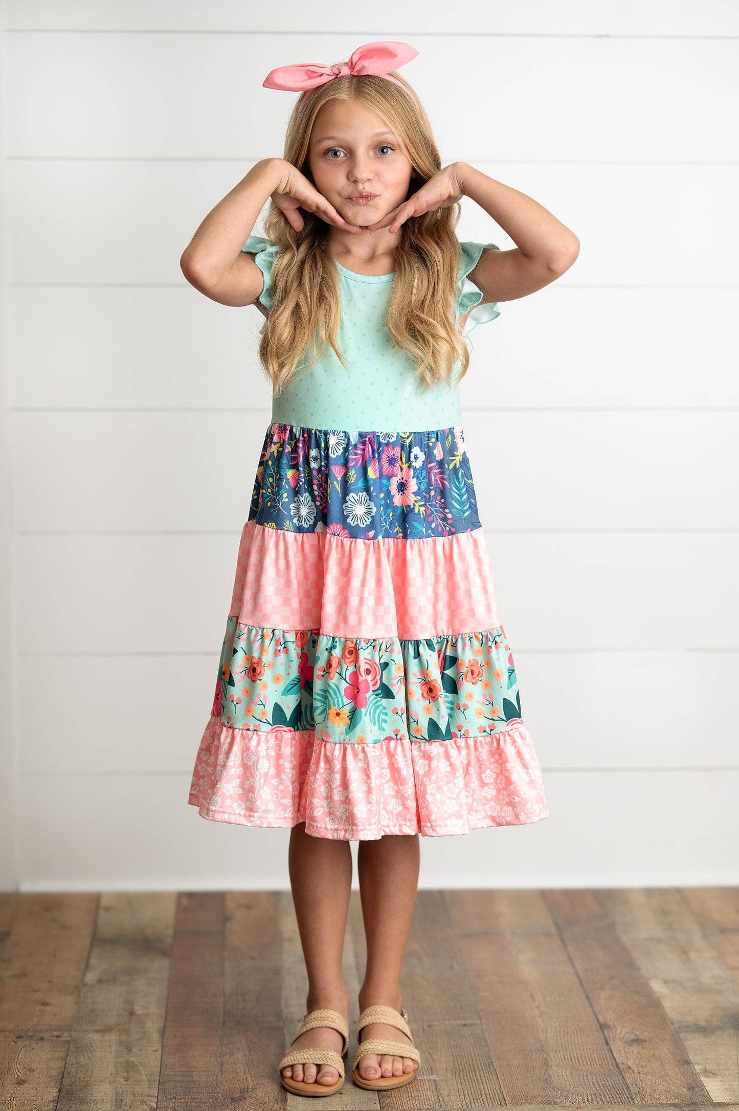 Girls Ava Coral Mint Floral Tiered Spring Easter Dress