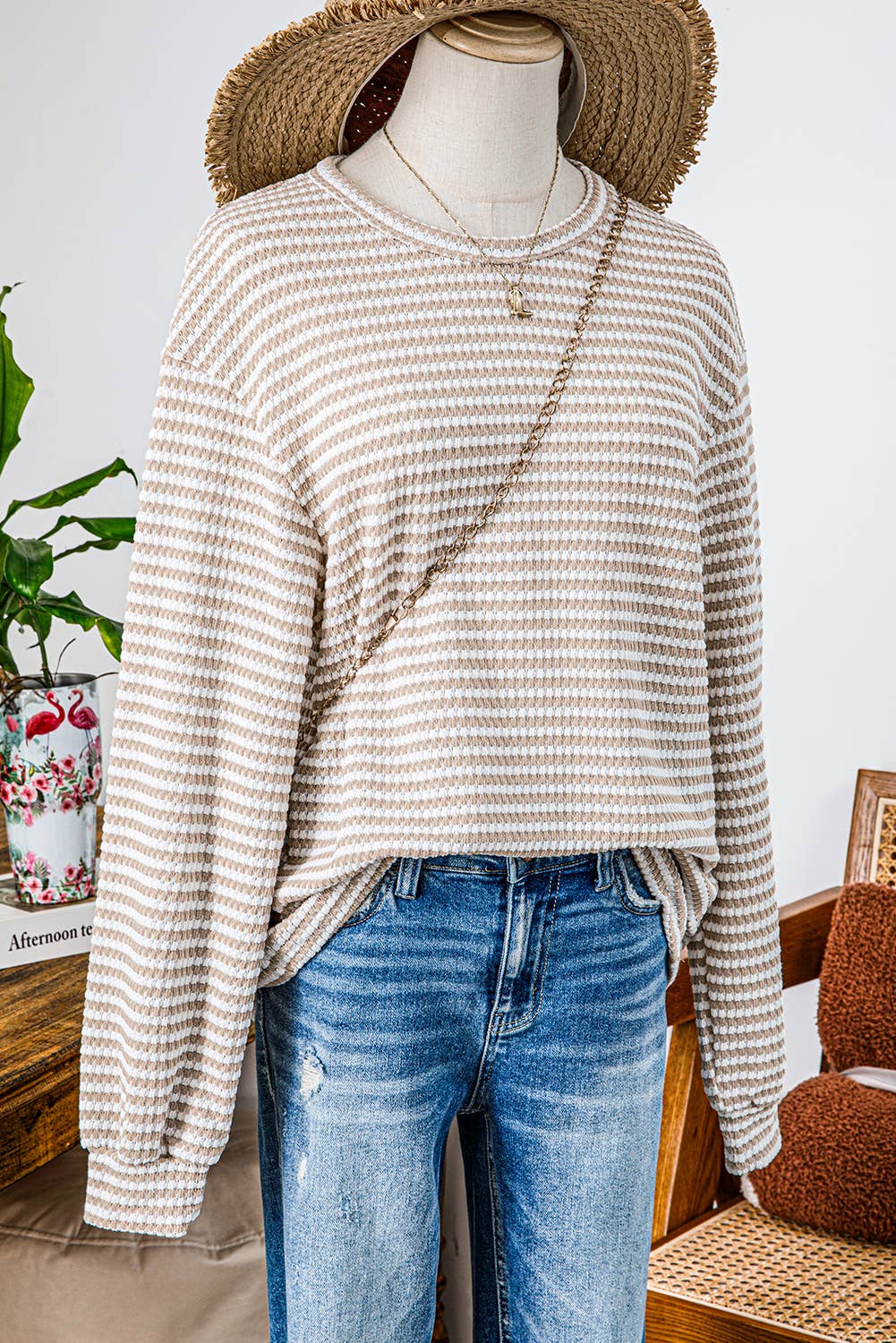Fall Stripe Round Neck Drop Shoulder Long Sleeve Top*S-3XL