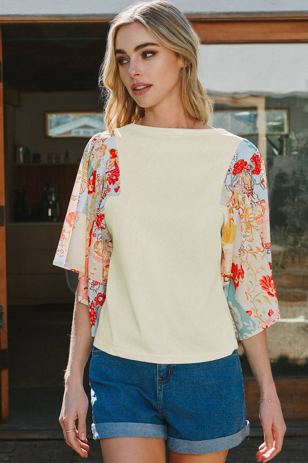 Fashion-W Floral Patchwork Half Batwing Sleeve Blouse