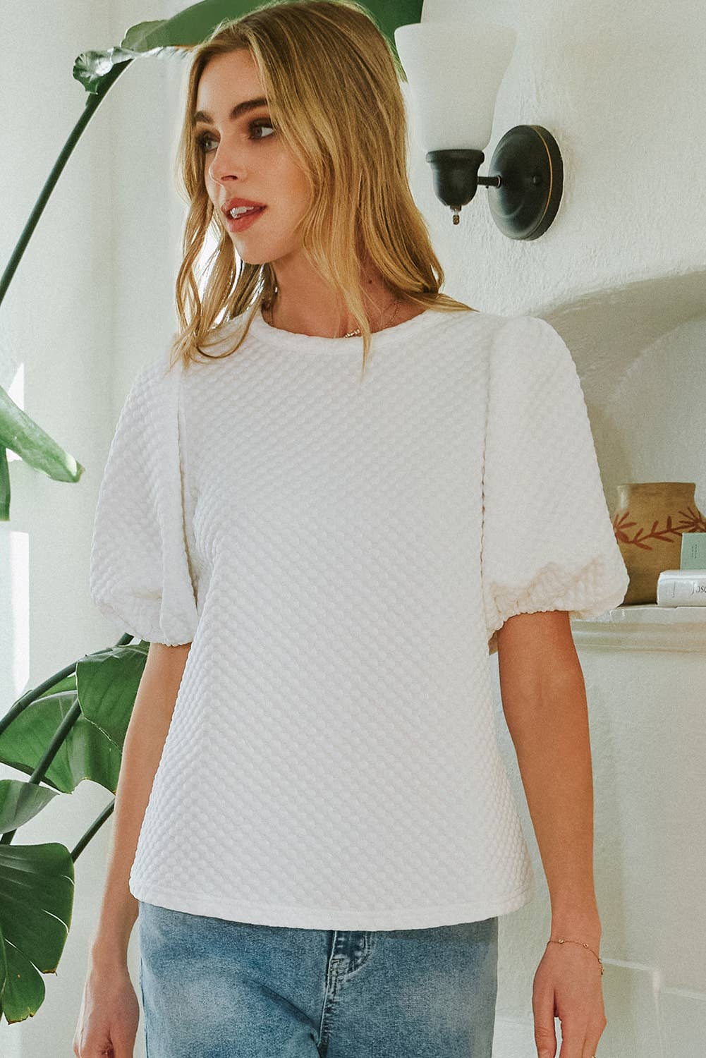 Fashion-W Textured O Neck Puff Sleeve Blouse