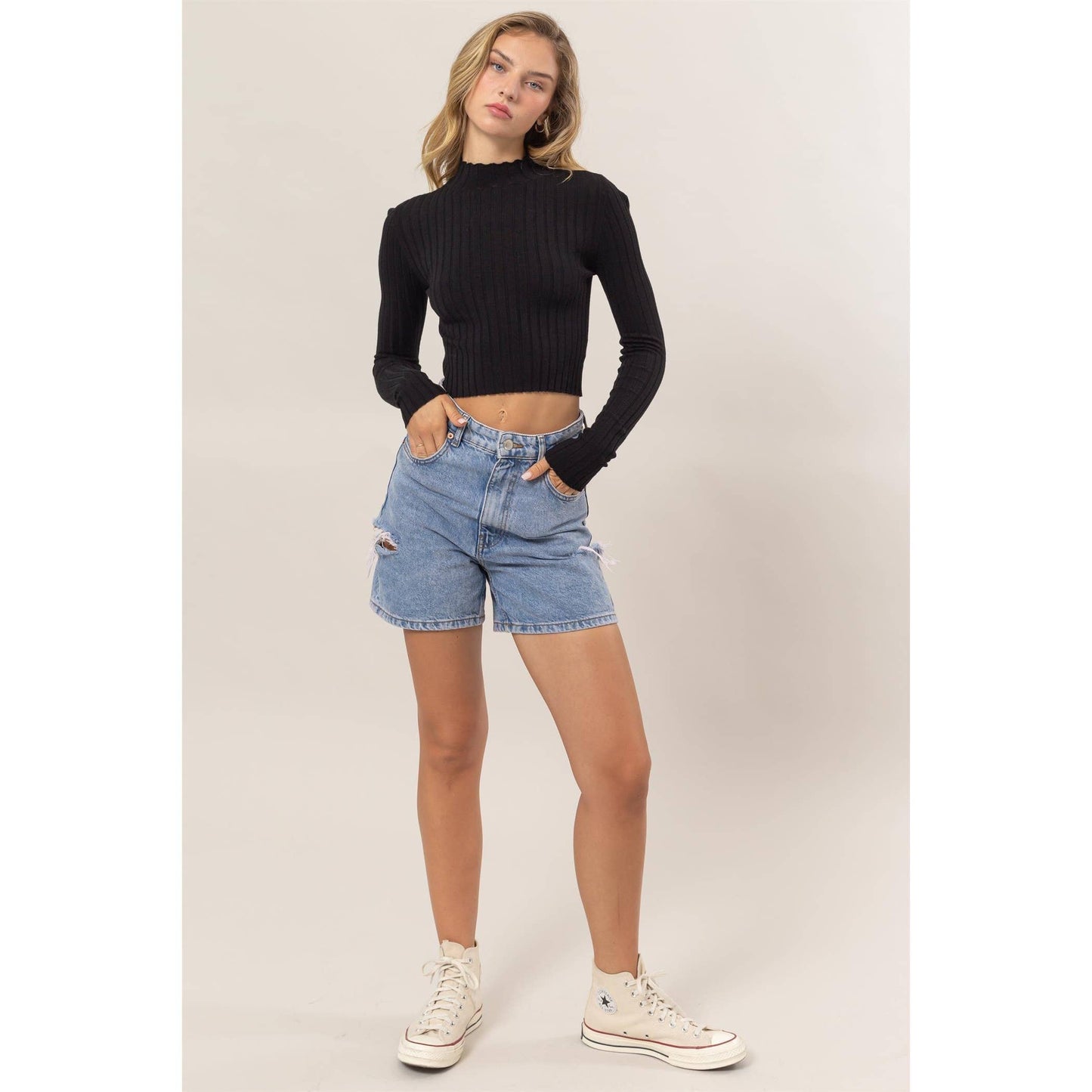 DZ24E451-MOCK NECK RIBBED KNIT CROP TOP