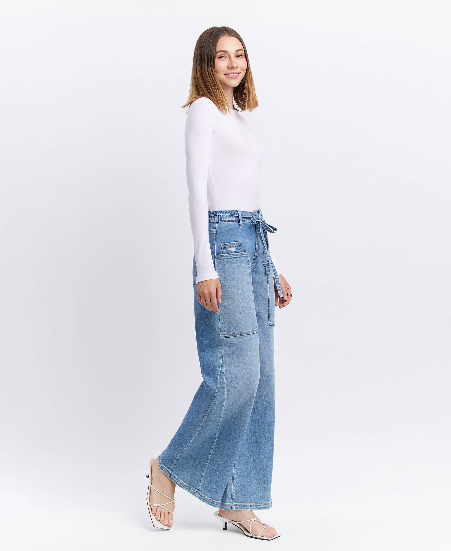 HIGH RISE ELASTIC TIE WAISTBAND BAGGY WIDE JEANS F5955