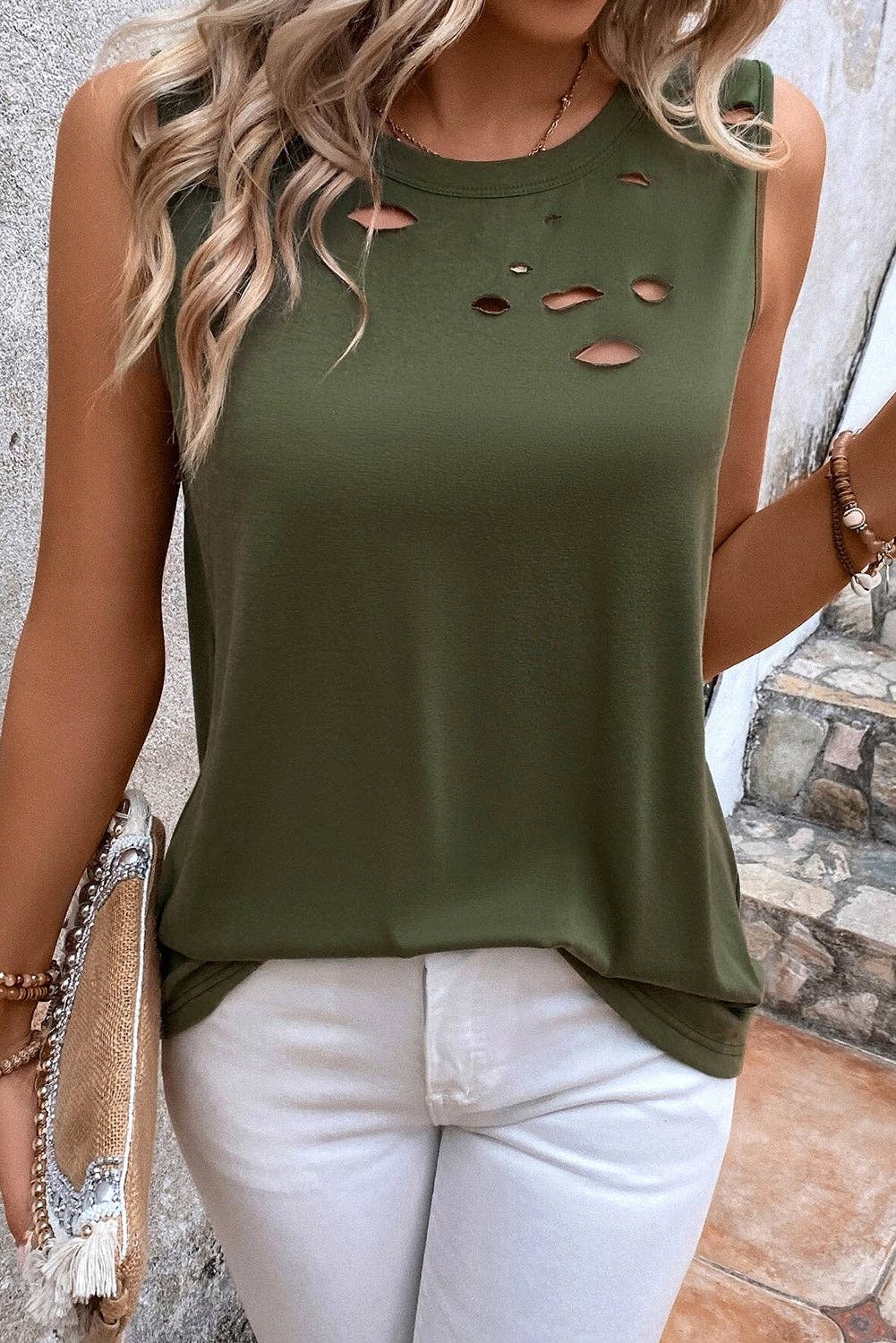 Solid Distressed Holes Tank Top