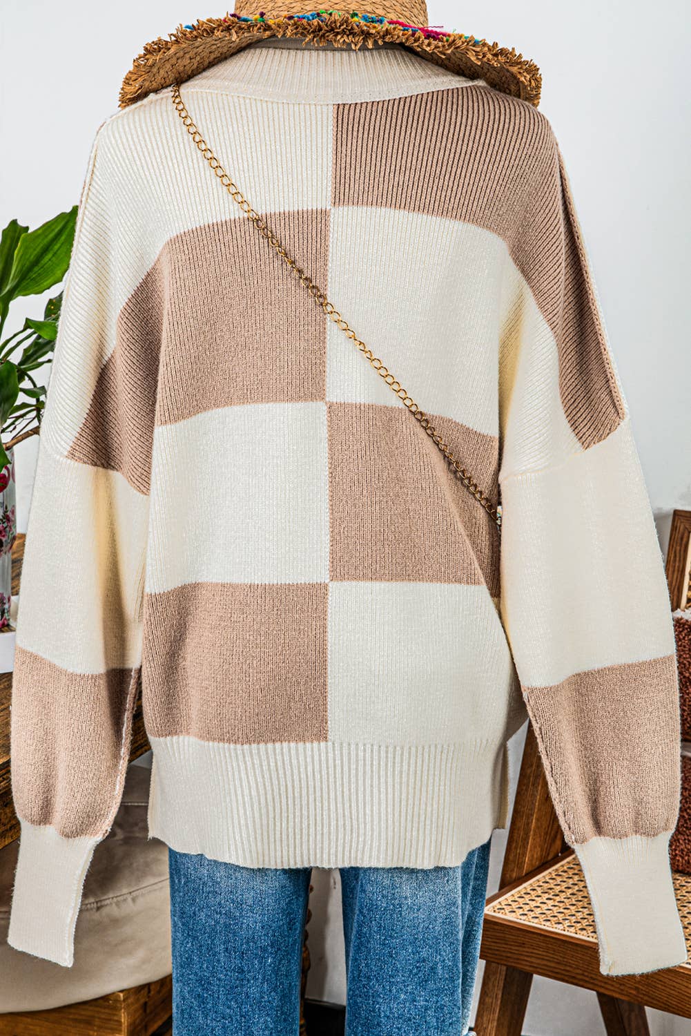 Fashion Checkered Side Slits Drop Shoulder Oversized Sweater