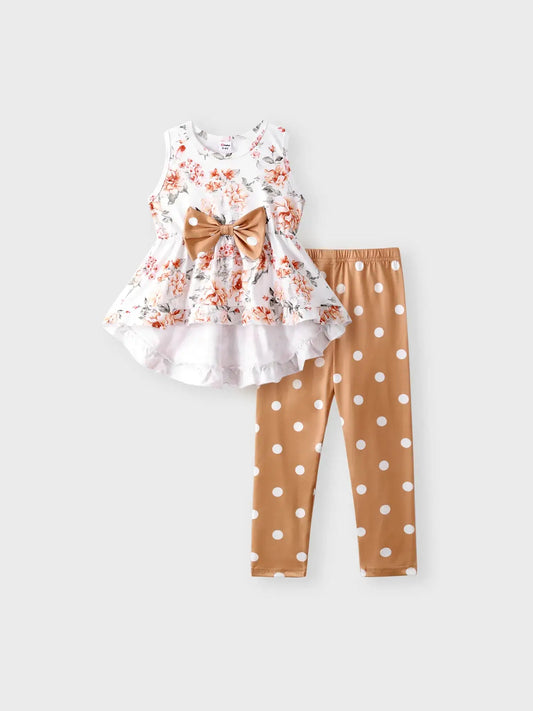 🌸 Toddler Girl Floral Ruffle Top & Polka Dot Leggings Set