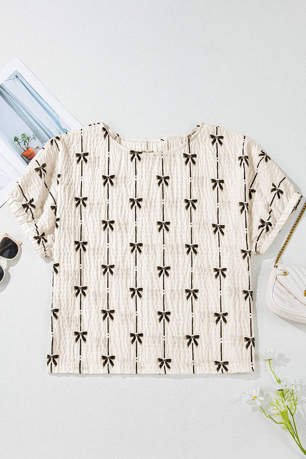 Bow Textured Puff Sleeve Top