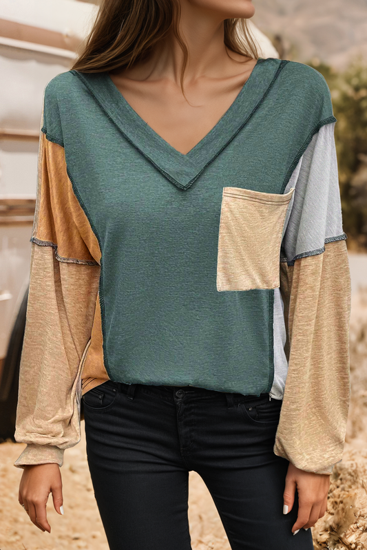 Fashion Exposed Stitching Colorblock V Neck Long Sleeve Top