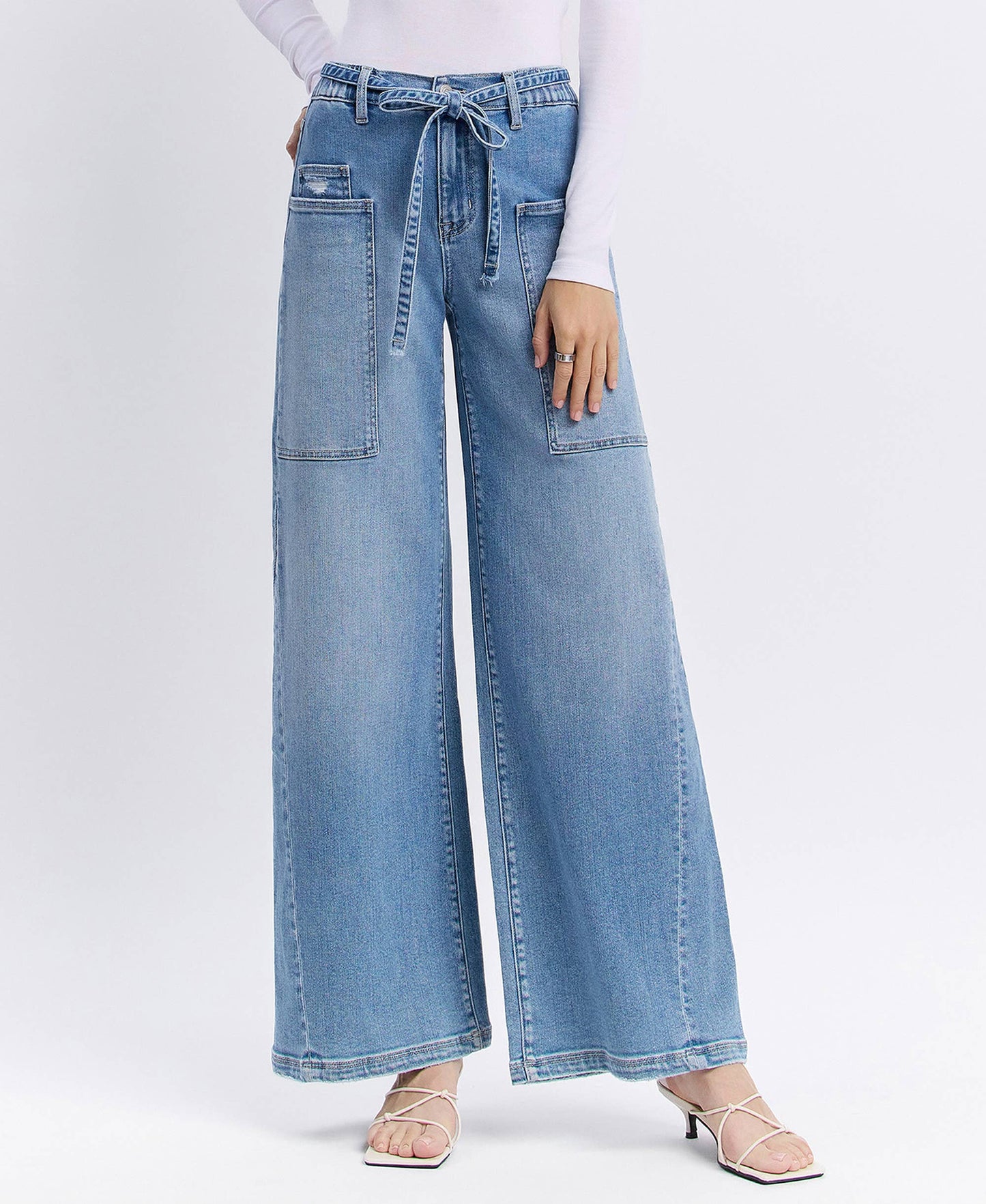 HIGH RISE ELASTIC TIE WAISTBAND BAGGY WIDE JEANS F5955