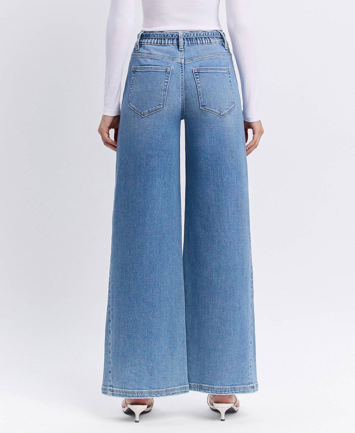 HIGH RISE ELASTIC TIE WAISTBAND BAGGY WIDE JEANS F5955