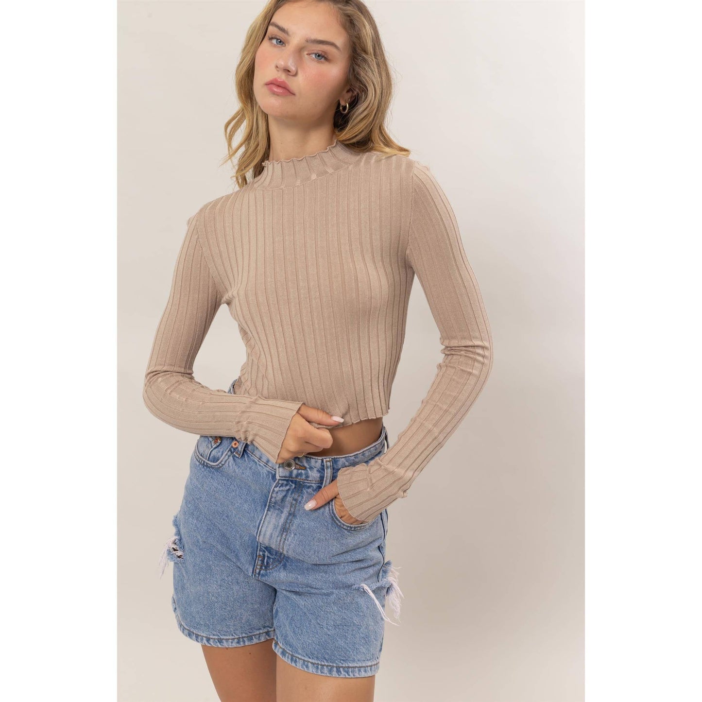 DZ24E451-MOCK NECK RIBBED KNIT CROP TOP
