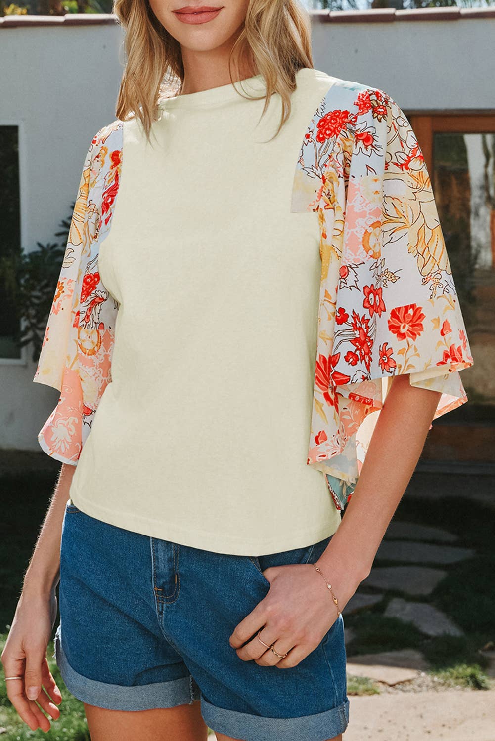 Fashion-W Floral Patchwork Half Batwing Sleeve Blouse