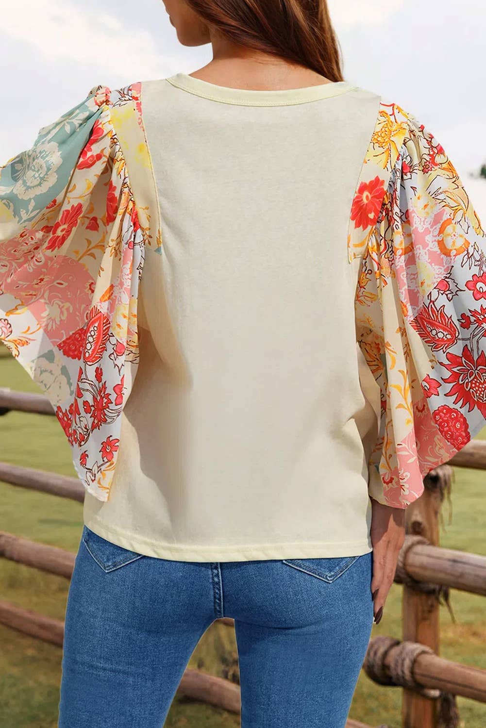 Fashion-W Floral Patchwork Half Batwing Sleeve Blouse