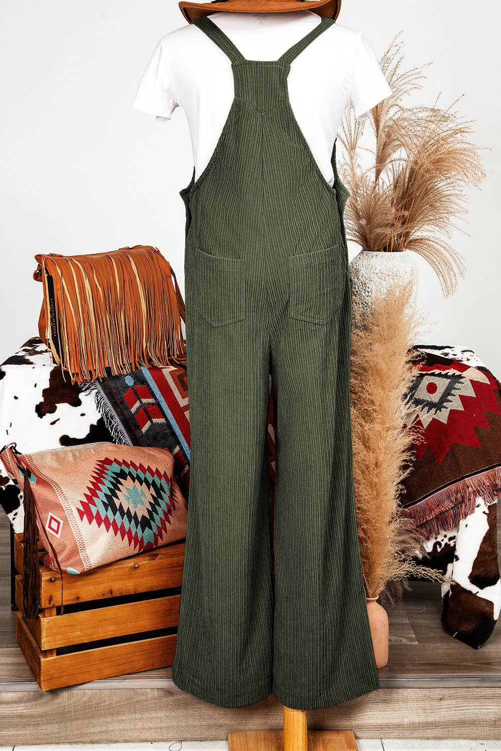 Fashion-W Fall Solid Pocketed Loose Fit Corduroy Overall