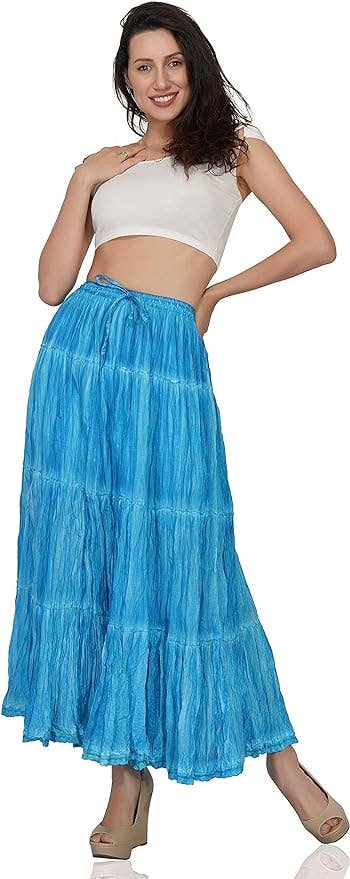 Women's Hippie Bohemian Gypsy Crinkle Tie Dye Long Skirt (Co