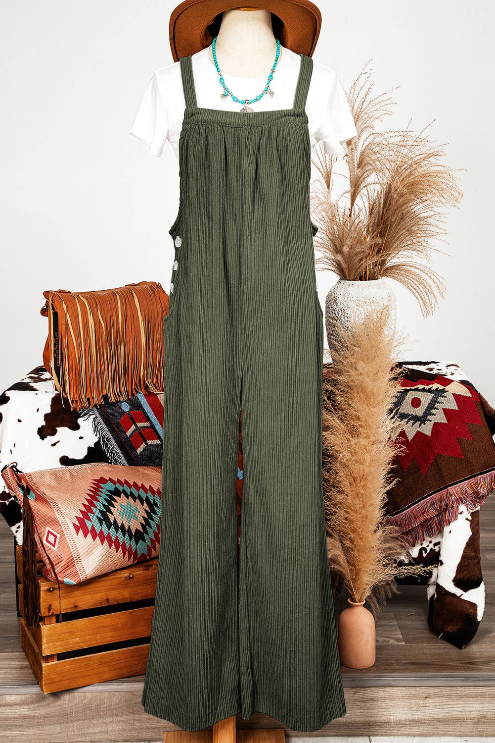 Fashion-W Fall Solid Pocketed Loose Fit Corduroy Overall
