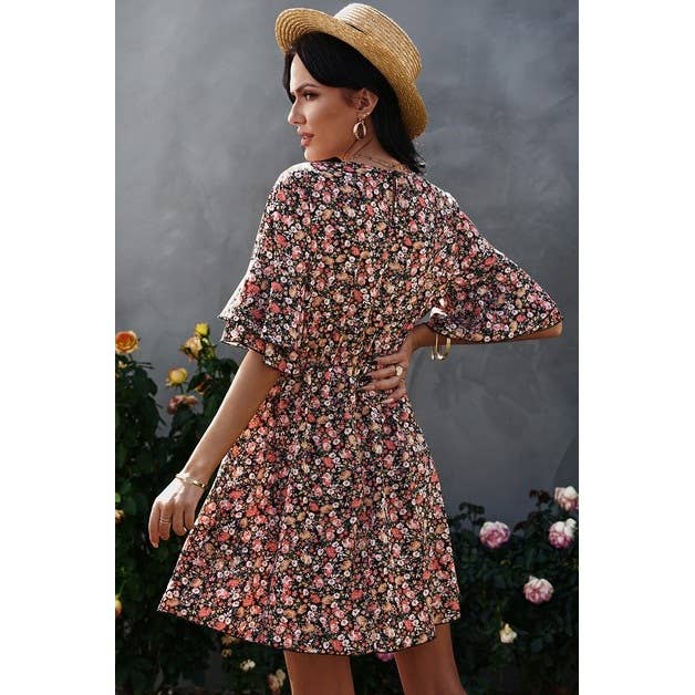 Crew Neck Half Sleeve Flower Dress-