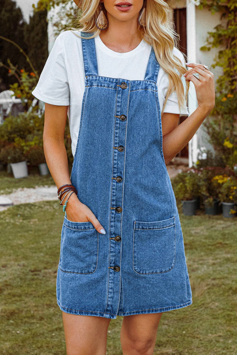 Western Wide Strap Button Front Pocketed Denim Mini Dress