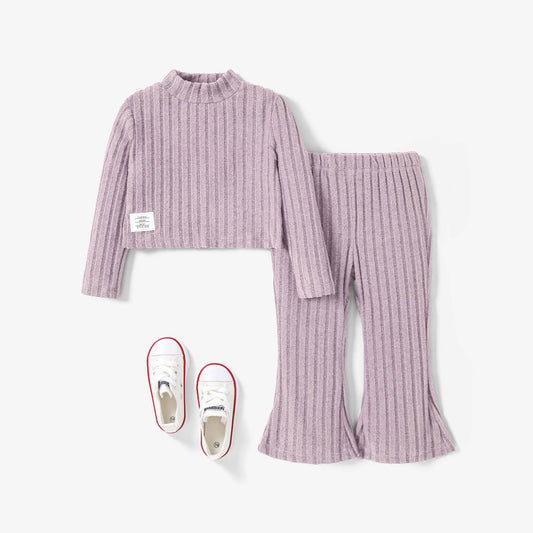 2pcs Toddler Girl's Stand Collar Tshirt and Flares Set