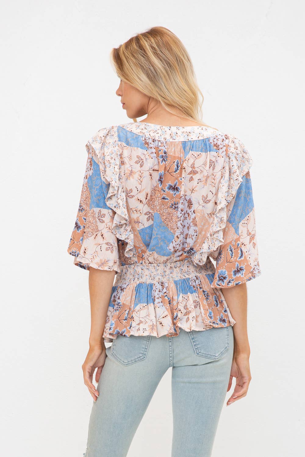 31693T - Floral Smocked Waist Ruffle Blouse Button Detail