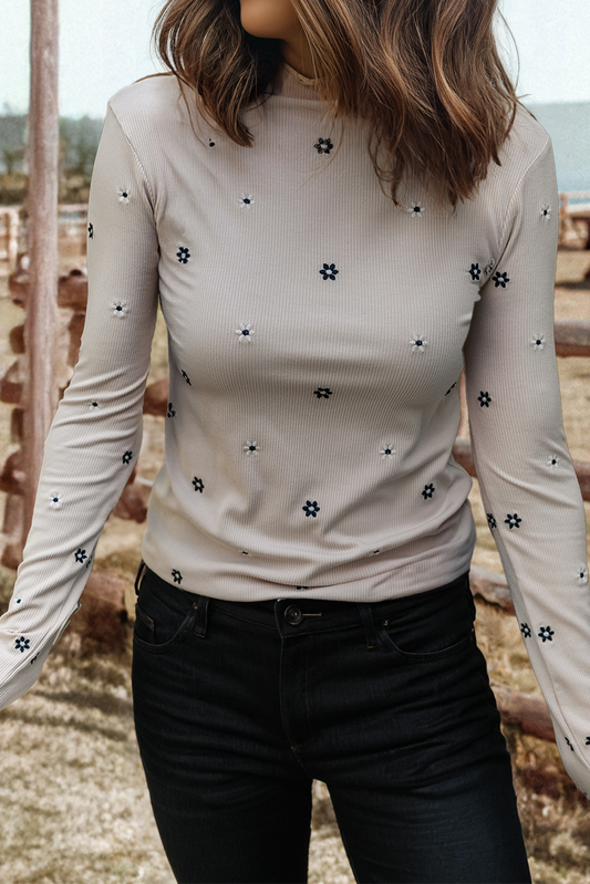 Fashion-W Floral Embroidered Detail Ribbed Long Sleeve Top