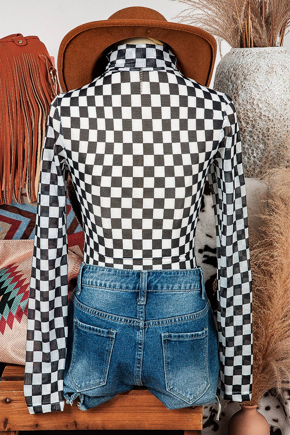 Fashion-W Checkered Long Sleeve High Neck Bodysuit
