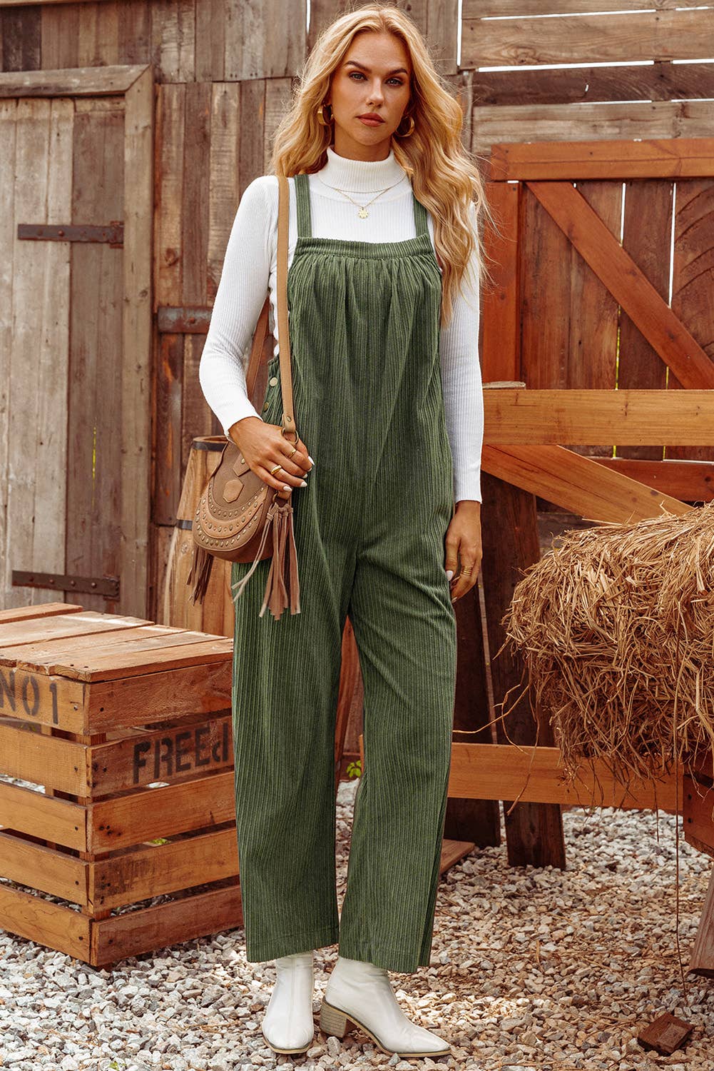 Fashion-W Fall Solid Pocketed Loose Fit Corduroy Overall